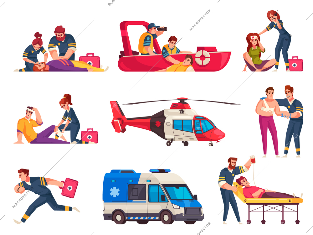 Emergency cartoon icons set with safety and first aid professionals isolated vector illustration