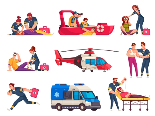 Emergency cartoon icons set with safety and first aid professionals isolated vector illustration