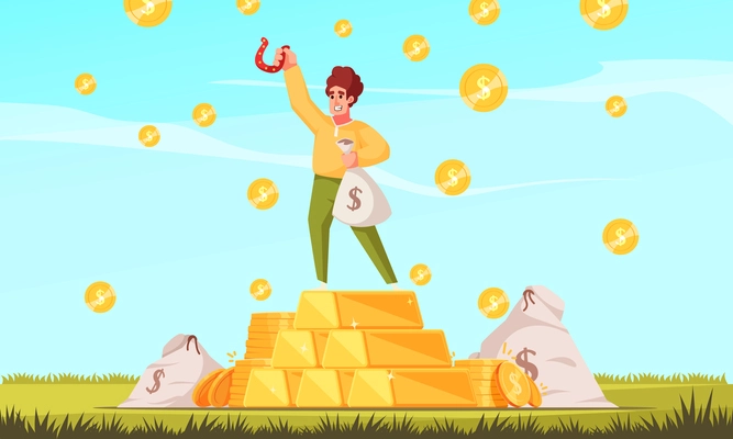 Lottery winning cartoon poster with happy man standing on gold heap vector illustration