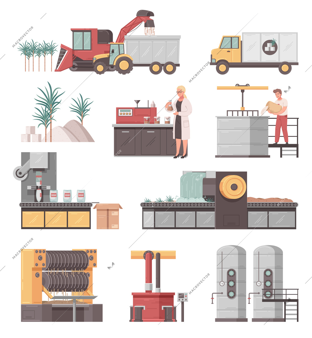 Cartoon set of factory equipment and harvesting machinery for sugar production isolated vector illustration