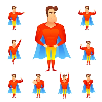 Superhero in red costume and blue cape in different poses avatar set isolated vector illustration