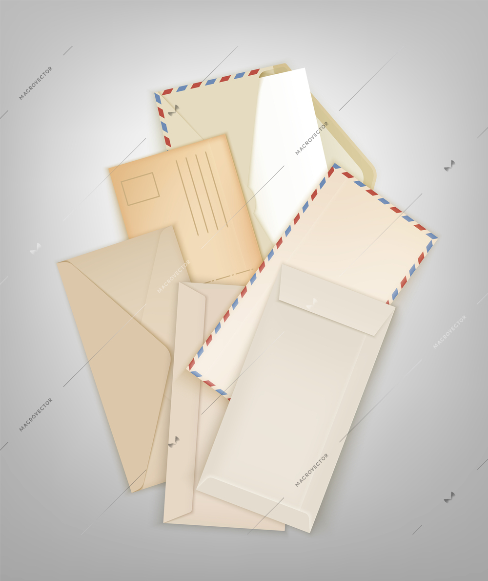 Standard rectangular envelopes bunch mockup for postal delivery realistic background vector illustration