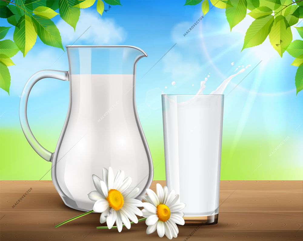 Realistic rustic summer background with glass of fresh milk on wooden table near glass jug vector illustration