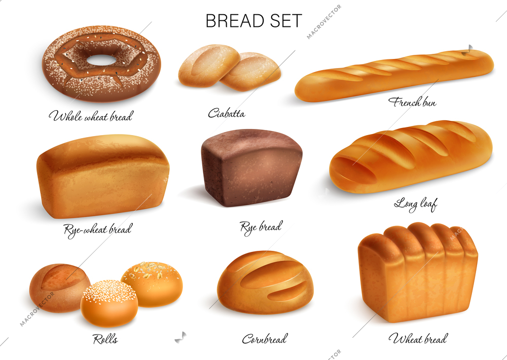 Realistic bread icon set with whole wheat rye rye wheat breads ciabatta french bun long loaf rolls and cornbread vector illustration