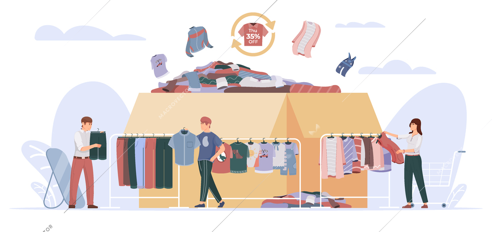 Second hand clothes concept with clothing choice symbols flat vector illustration