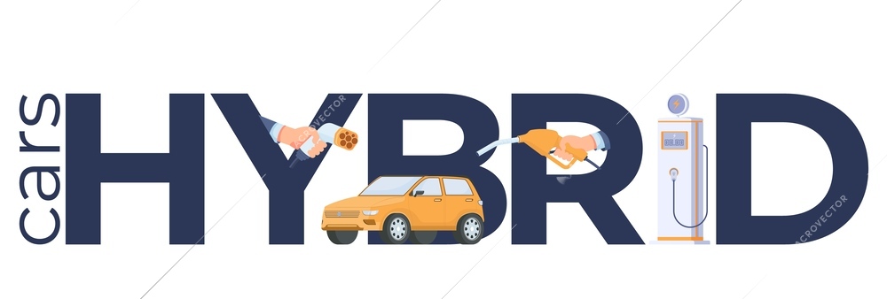 Hybrid car text concept with eco vehicle symbols flat vector illustration