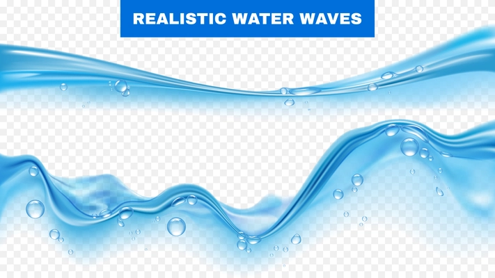 Realistic set of blue water waves with bubbles isolated on transparent background vector illustration