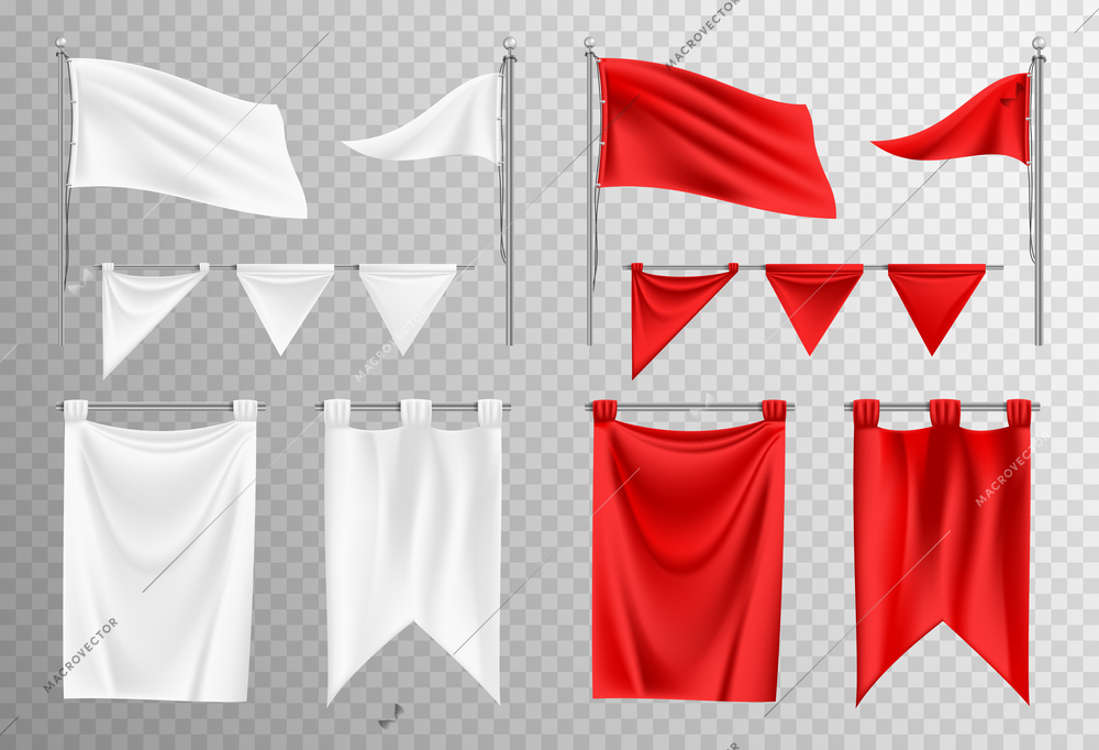 Realistic waving white and red flag mockup of different shapes set isolated against transparent background vector illustration