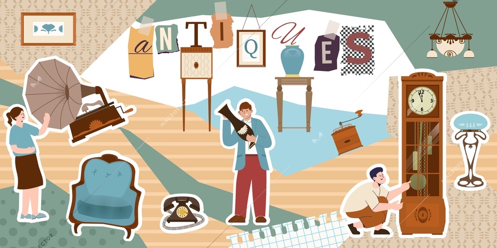 Antique shop composition with collage of flat images with interior elements and human characters with text vector illustration
