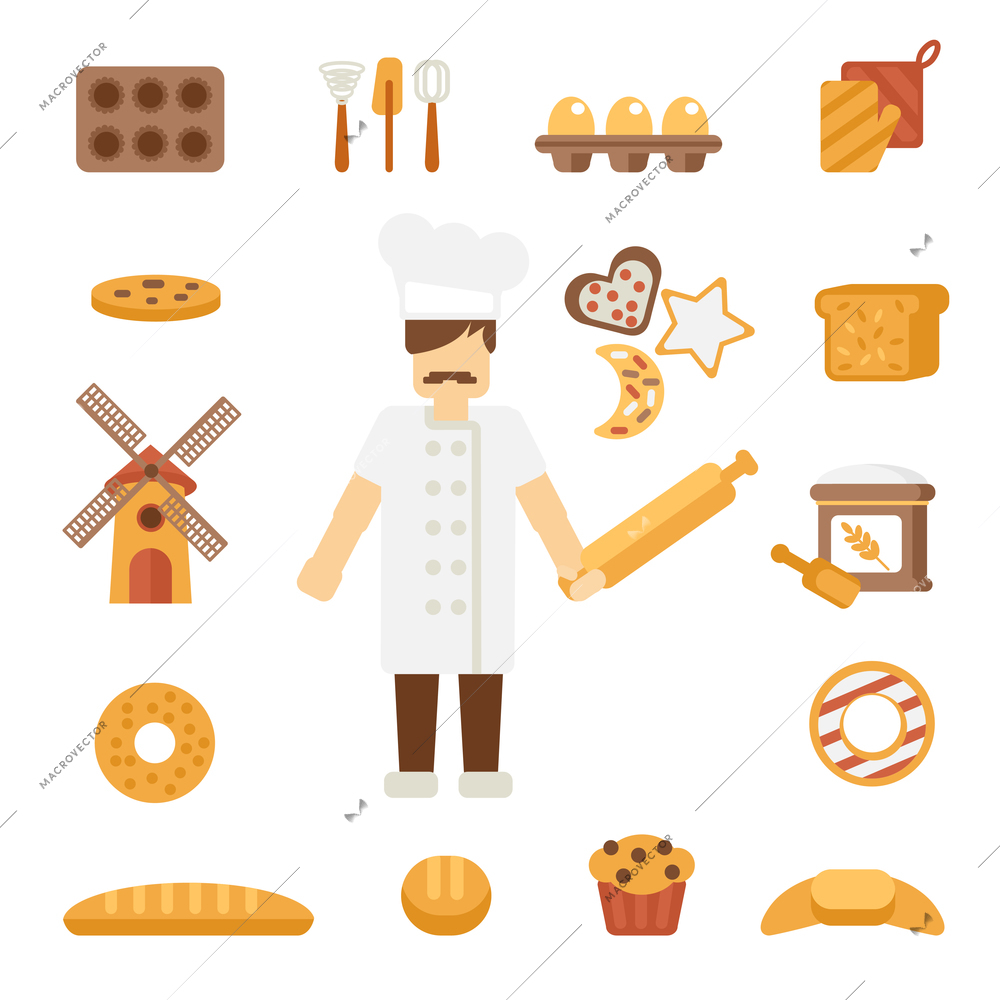 Professional bakery man cartoon character standing in uniform white jacket  with rolling pin poster flat vector illustration