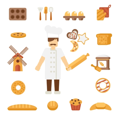 Professional bakery man cartoon character standing in uniform white jacket  with rolling pin poster flat vector illustration