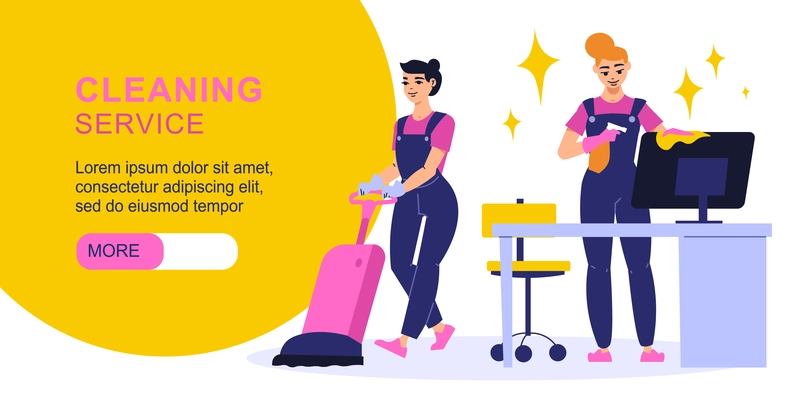 Cleaning service horizontal flat web banner with two smiling female workers in uniform wiping computer monitor and vacuuming vector illustration