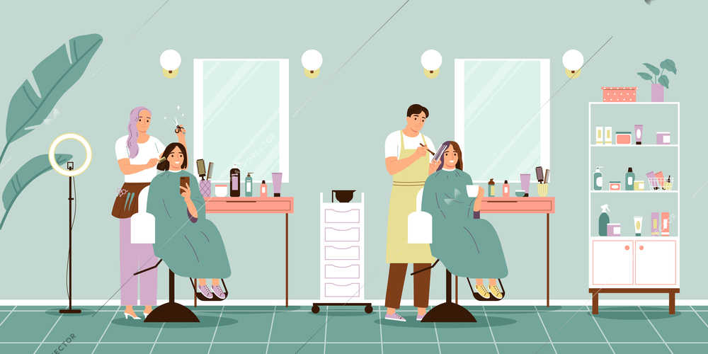 Beauty salon service background with hairdresser symbols flat vector illustration