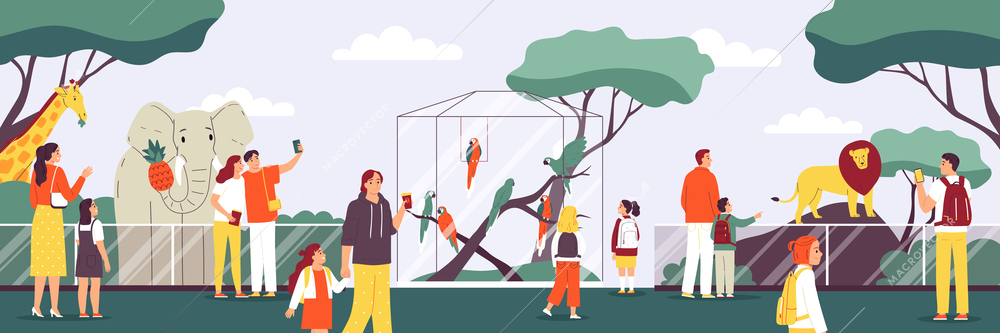Zoo visitors looking at animals and birds and taking photos flat vector illustration