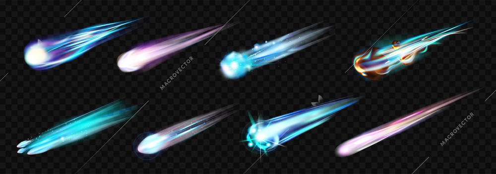 Realistic meteor set with isolated and colorful space wanderer icons with neon colors on transparent background vector illustration