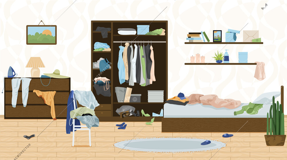 Messy room objects composition with flat indoor view of living room with litter clothes and linen vector illustration