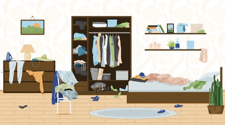 Messy room objects composition with flat indoor view of living room with litter clothes and linen vector illustration