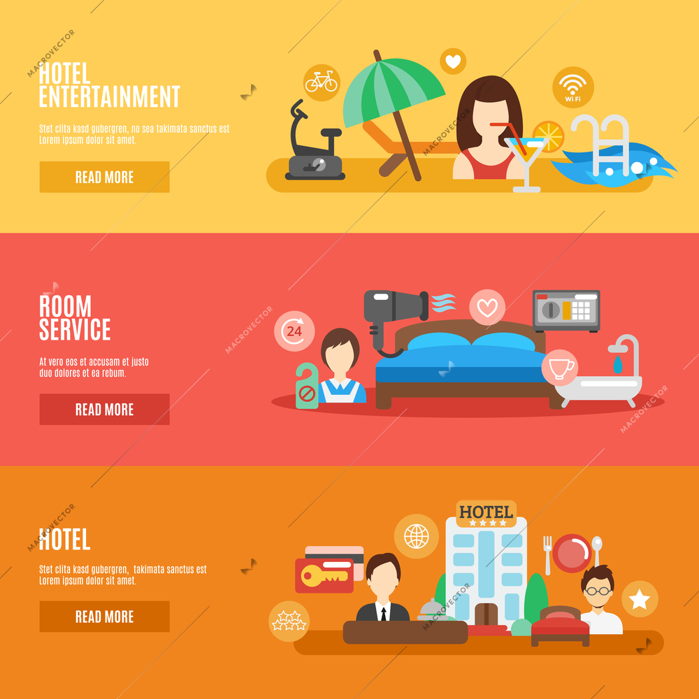 Hotel room service horizontal banner flat set isolated vector illustration