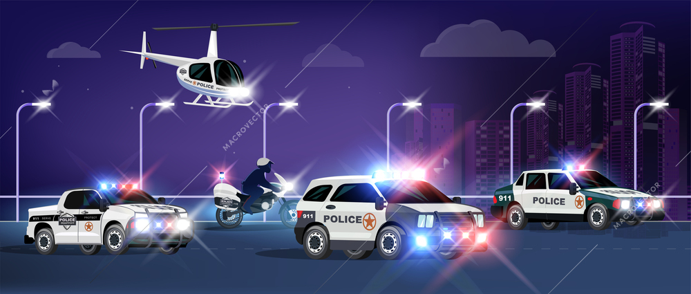 Police transport flat composition with night city scenery and flying helicopter with multiple cars and motorcycle vector illustration