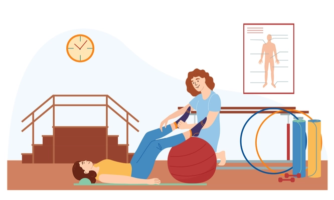 Orthopedic therapy rehabilitation set with flat background view of patient with physician performing exercise with ball vector illustration