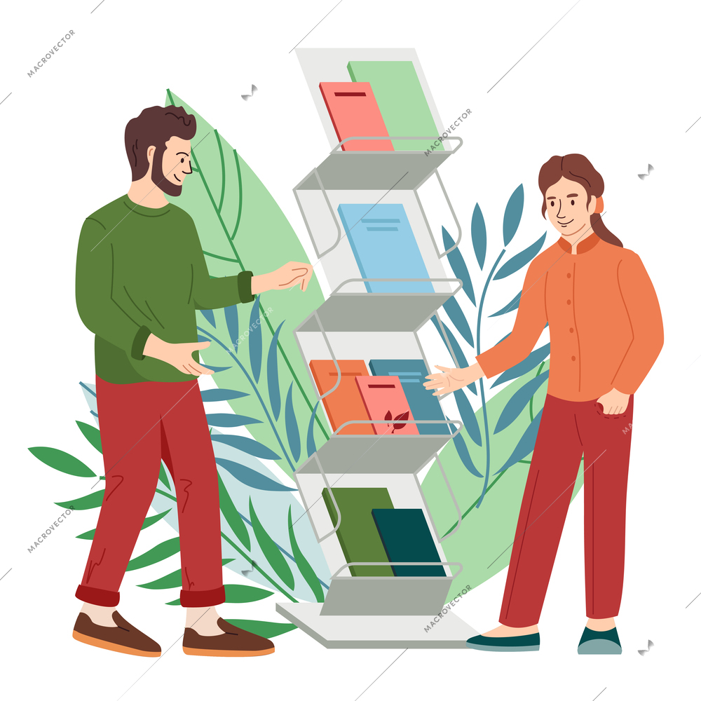 Exhibition with visitors flat background composition with characters of man and woman standing at newspaper rack vector illustration