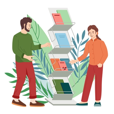 Exhibition with visitors flat background composition with characters of man and woman standing at newspaper rack vector illustration