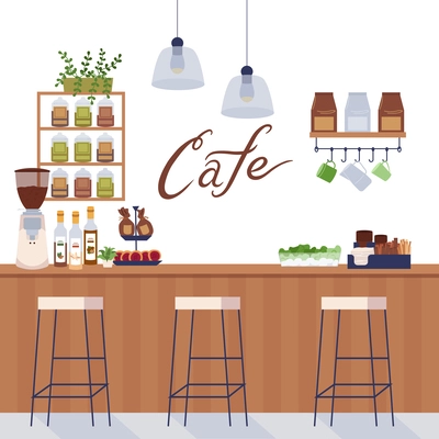 Modern eco cafe flat background with indoor view of wooden counter stools and coffee making machine vector illustration