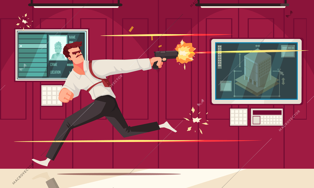 Super agent cartoon poster with man running and shooting with a gun vector illustration