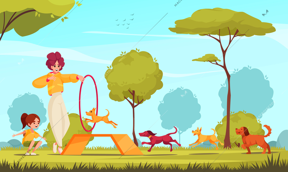 Dog playground cartoon poster with puppies jumping through ring vector illustration