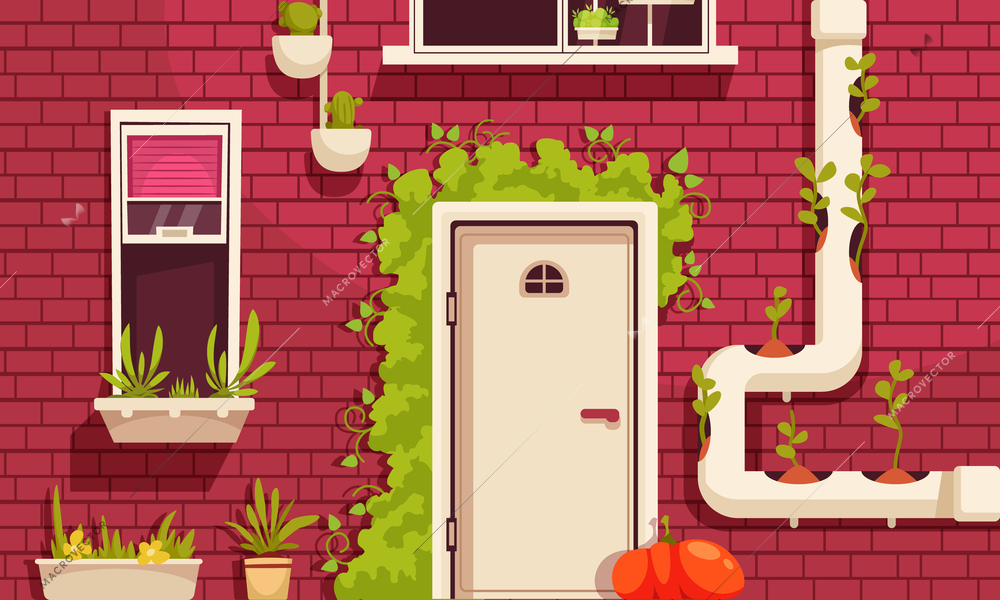 Urban gardening cartoon concept with building backdoor with plants vector illustration