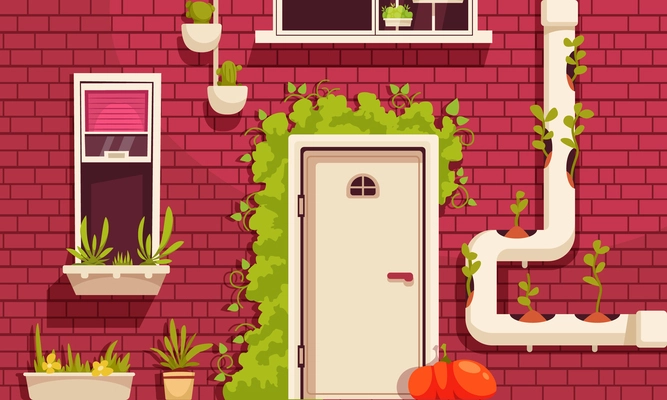 Urban gardening cartoon concept with building backdoor with plants vector illustration