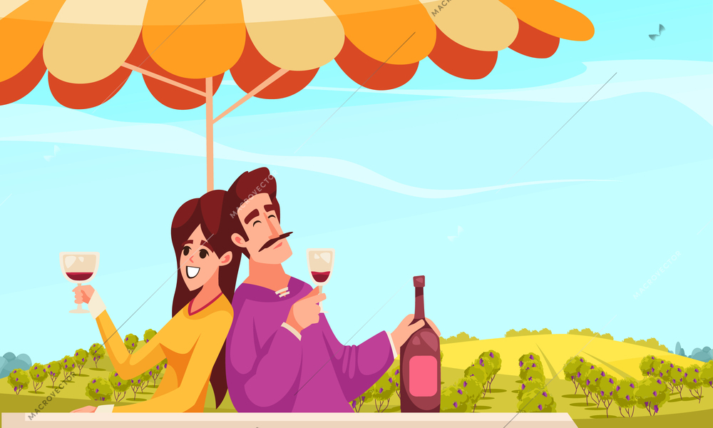Wine cartoon composition with young couple drinking outdoors vector illustration