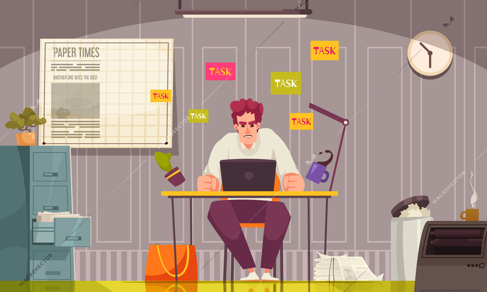 Office stress cartoon concept with unhappy overworked man vector illustration