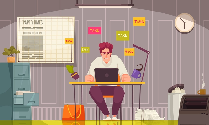 Office stress cartoon concept with unhappy overworked man vector illustration