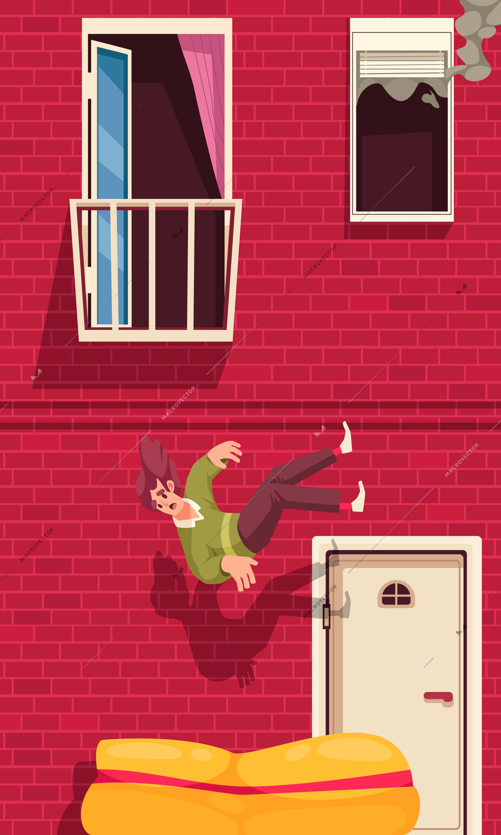 Evacuation cartoon poster with man jumping out of the window vector illustration