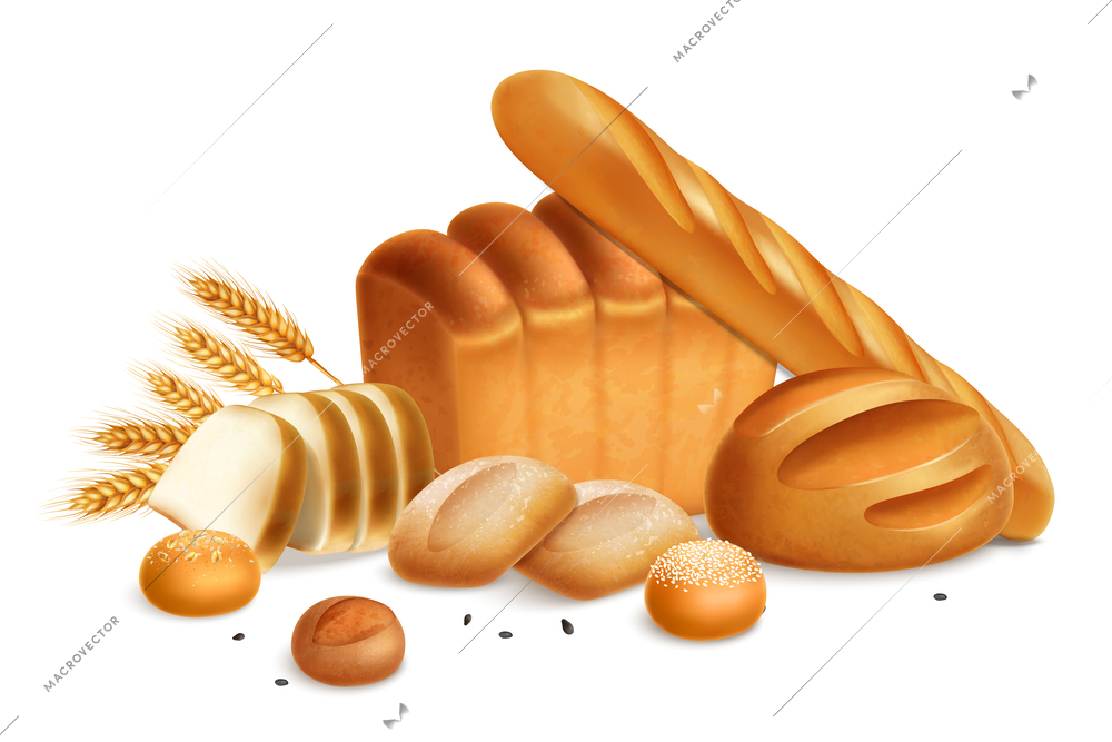 Realistic bread composition with fresh loaves buns toasts ears of wheat vector illustration