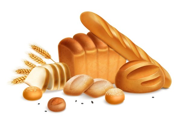 Realistic bread composition with fresh loaves buns toasts ears of wheat vector illustration