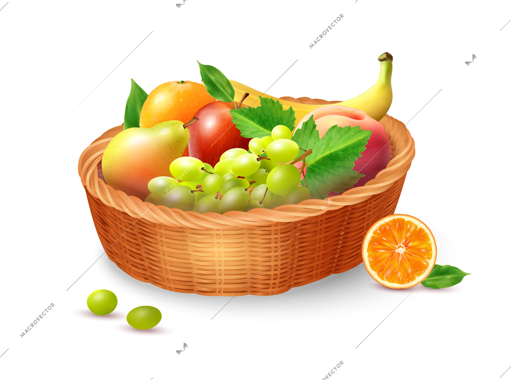 Realistic fresh ripe fruits with green leaves in wicker basket vector illustration
