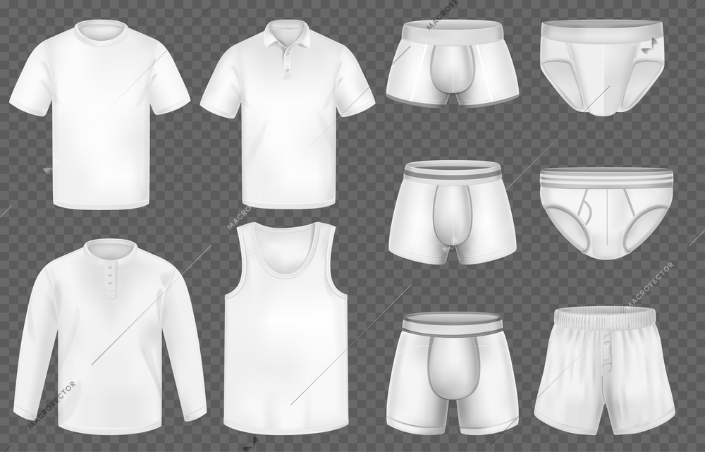 Realistic underwear for men set with white underpants tshirts and shirts isolated on transparent background vector illustration