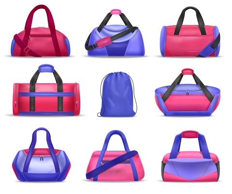 Pink and blue color gym and drawstring bags realistic set isolated vector illustration