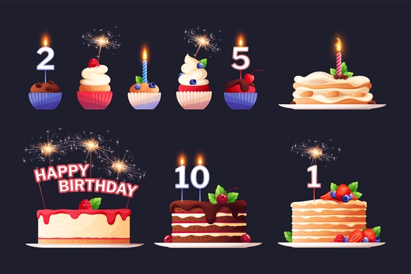 Desserts flat set of birthday cakes and cupcakes with various toppings candles bengal lights isolated on black background vector illustration