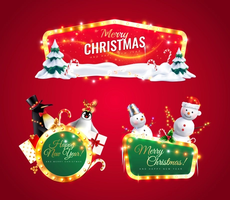 Realistic shiny merry christmas and happy new year signs set with winter holiday symbols on red background isolated vector illustration