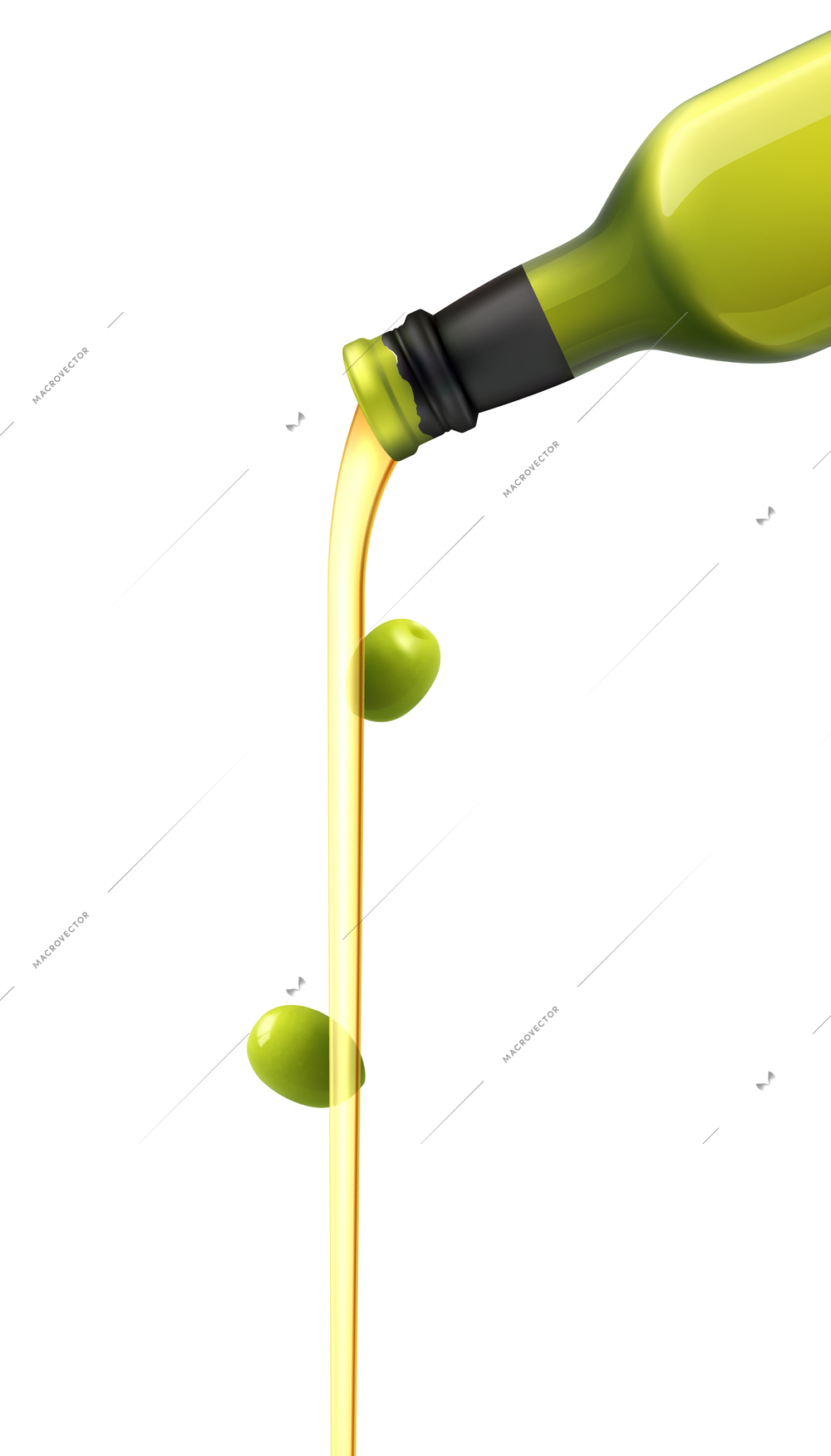 Olive oil pouring from glass bottle realistic vector illustration