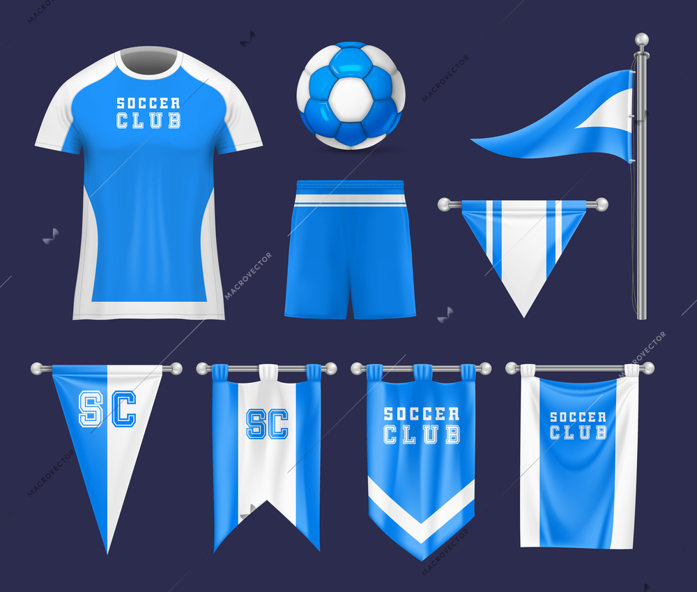 Realistic flag soccer football mockup set with isolated images of uniform ball and pennants with emblem vector illustration