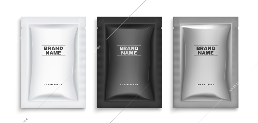 Realistic sachet packet template set with three isolated packages with black white and grey design text vector illustration