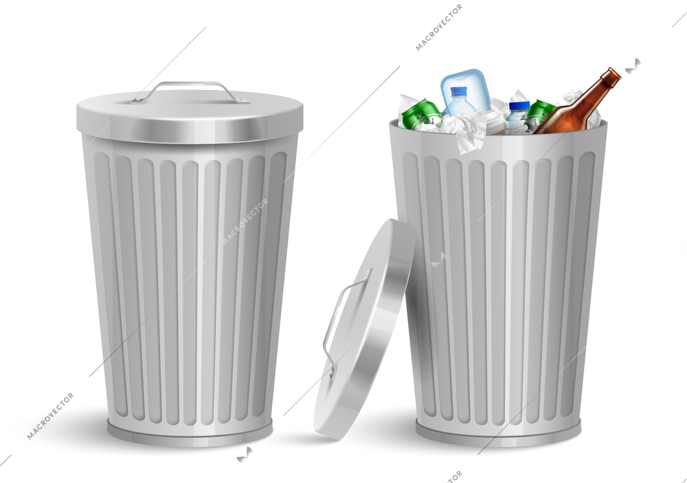 Realistic iron bin with garbage composition of two isolated views of metal trash bins with waste vector illustration