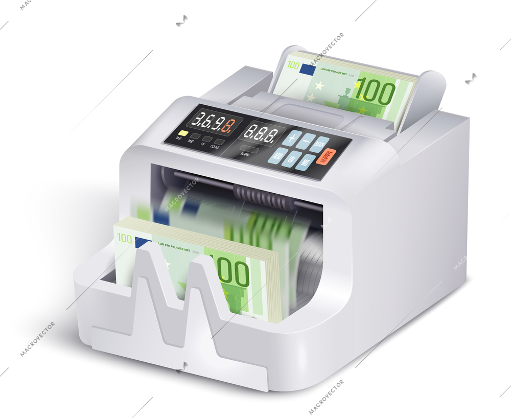 Realistic money counting machine composition with isolated view of modern banking appliance loaded with cash banknotes vector illustration