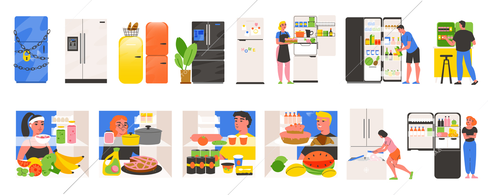 Fridge flat color set of people cooking in home kitchen using products storing in refrigeration cabinets isolated vector illustration