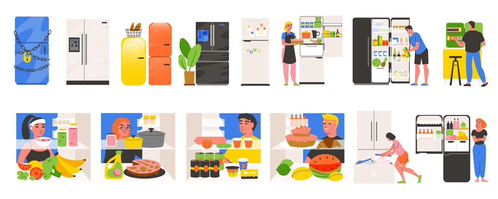 Fridge flat color set of people cooking in home kitchen using products storing in refrigeration cabinets isolated vector illustration