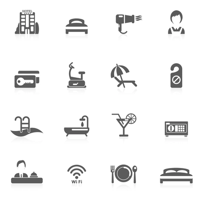 Hotel reception and room vacation accommodation icon black set isolated vector illustration